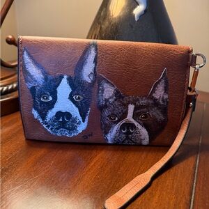 Brown Leather Wristlet with hand painted Boston Terriers